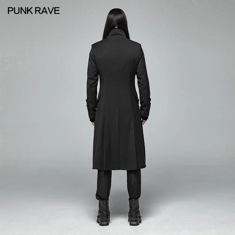 PUNK RAVE Mens Gothic Jakcets Simple Mid-length Coats Fashion Stand Collar Evening Party Long Jacket Stage Performance Long Coat
