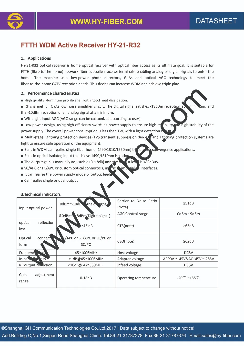 FTTH WDM Receiver HY-21-R321