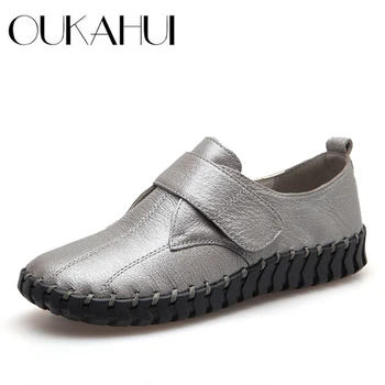 

OUKAHUI Spring Silver Ladies Genuine Leather Handmade Shoes Women Hook And Loop Flat Shoes Women 2019 Autumn Soft Loafers Flats