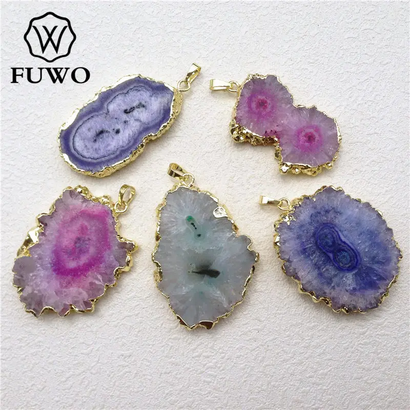 

FUWO Natural Irregular Stalactite Agates Slice Pendant With 24K Gold Filled Edge Fashion Sun Flower Quartz Stone Wholesale PD192