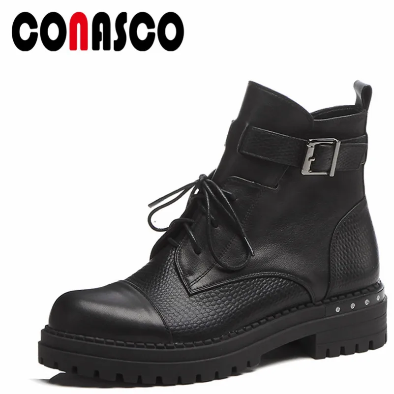 

CONASCO Fashion Women Short Martin Shoes Genuine Leather Autumn Winter Warm Cross-tied Shoes Woman Vintage Motorcycle Boots