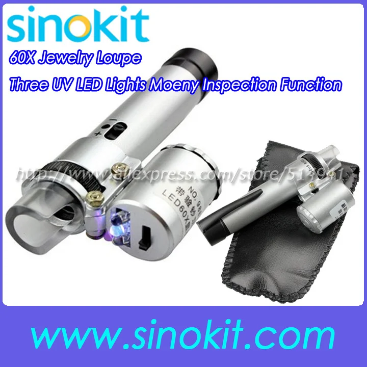 

Free Shipping 60X Jewelry Loupe Eye Magnifier Microscope Three UV LED Lights Moeny Inspection Function 9886