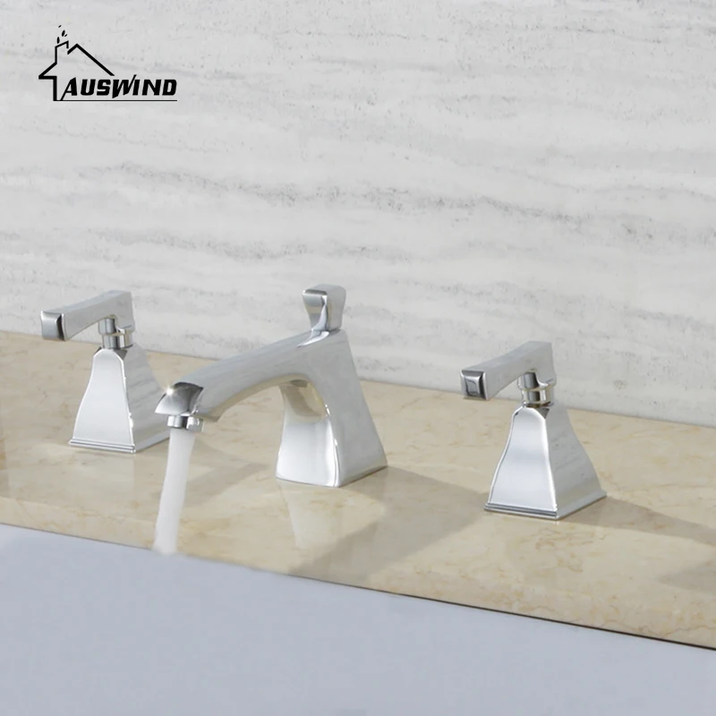 

Classic Three Holes Kitchen Faucet Brass Electroplate Chrome Silver Bathroom Faucet Square Deck Mounted Sink Hot Cold Water