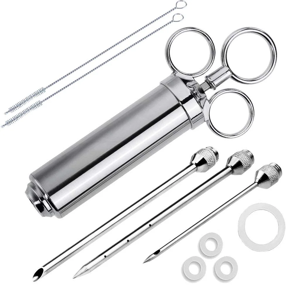

Meat Injector Syringe, 2-oz Marinade Flavor Injector 304 Stainless Steel with 3 Professional Needles,2 Cleaning Brushes and 4