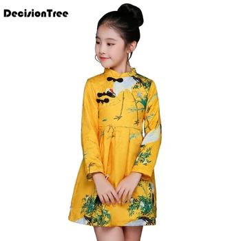 

2019 new arrival girls chinese style cheongsam kids girls long sleeve crane print dresses qipao clothes Baby Princess Dress