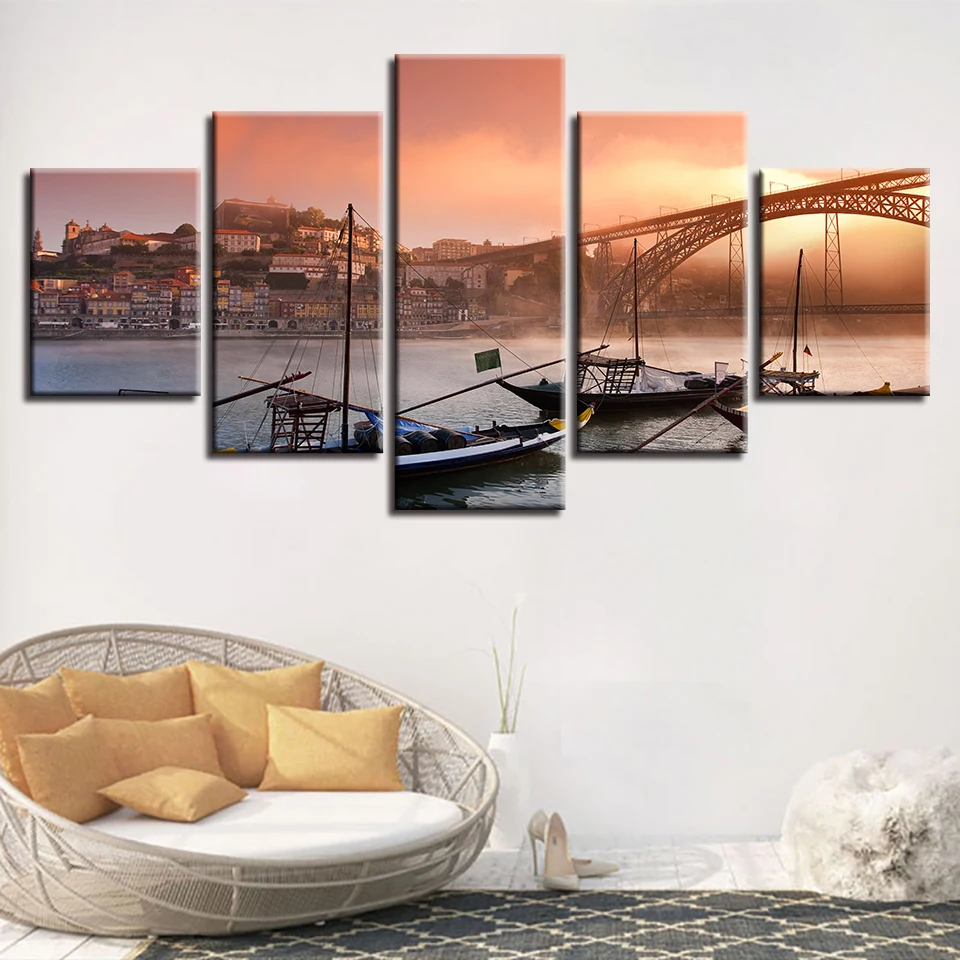 

Canvas Poster Wall Art HD Prints 5 Pieces Porto Ponte Dom Luis I Bridge Painting Modular Boats Pictures Living Room Decor Frame