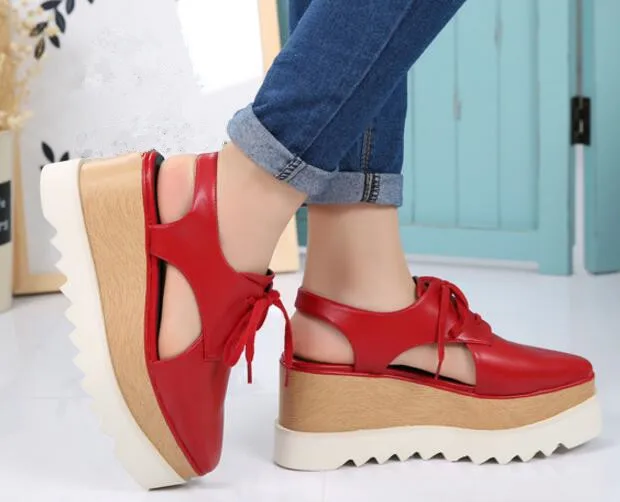 Spring summer cut-outs platform shoes for woman height increasing lace up casual shoes square toe flat platform sandals