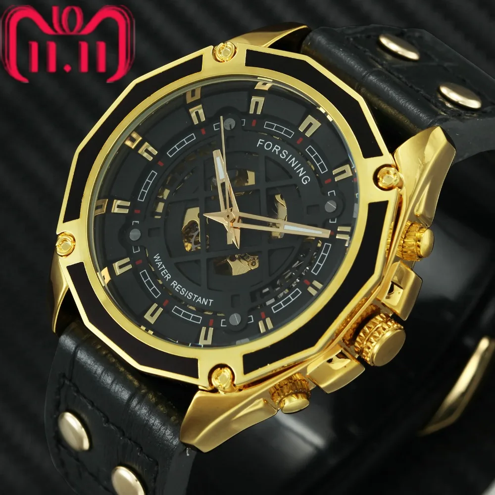 

FORSINING 2018 Golden Auto Mechanical Mens Watches Top Brand Luxury Skeleton Dial Leather Strap Wristwatch for Man Waterproof