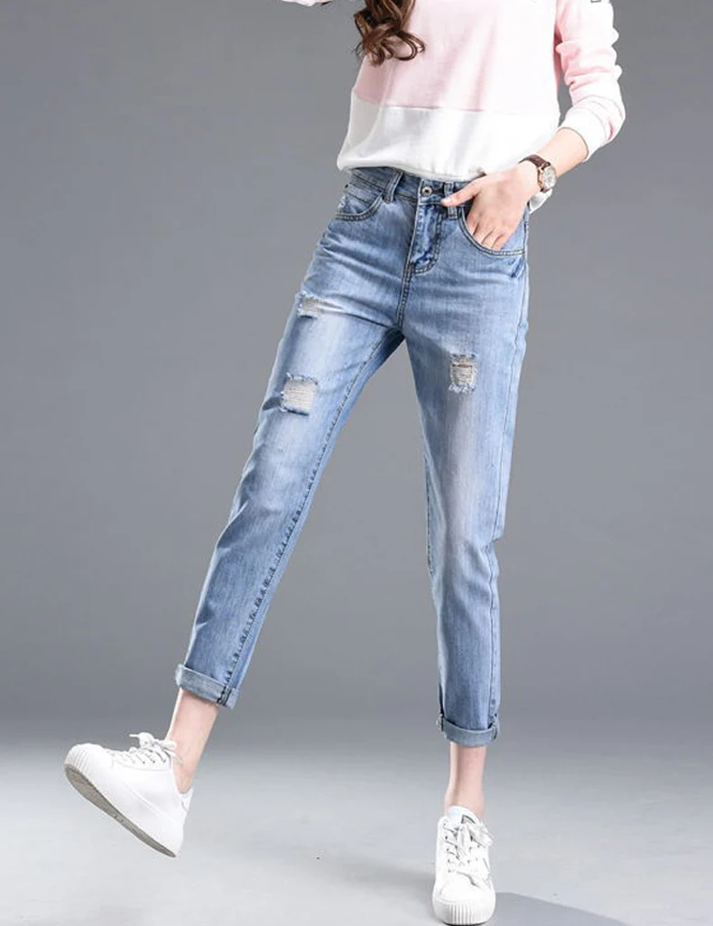 Зимние джинсы женские ;стильный Отверстия джинсы с высокой талией;ретро джинсы женские большие размеры штаны;черные брюки женские;Промытый и отбеленный женские джинсы;Толчок вверх досуг Узкие карандаш джинсы мом