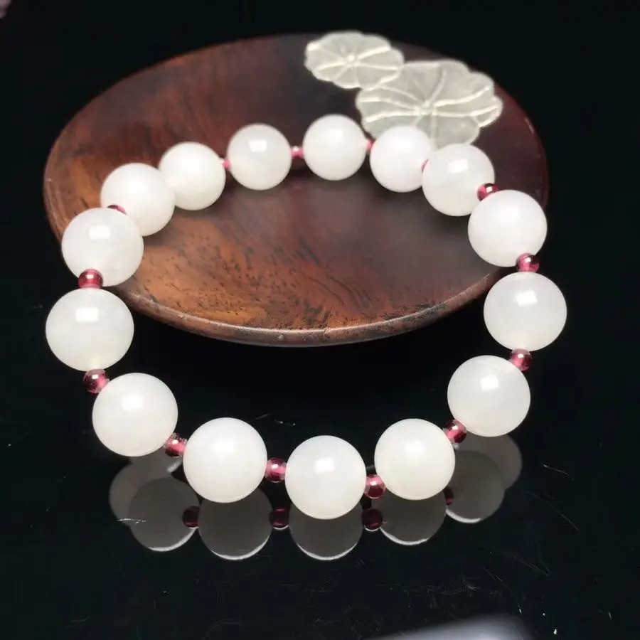 

Beautiful 12mm Bangle Nature White Jade & Garnet Mala Bead Bracelet