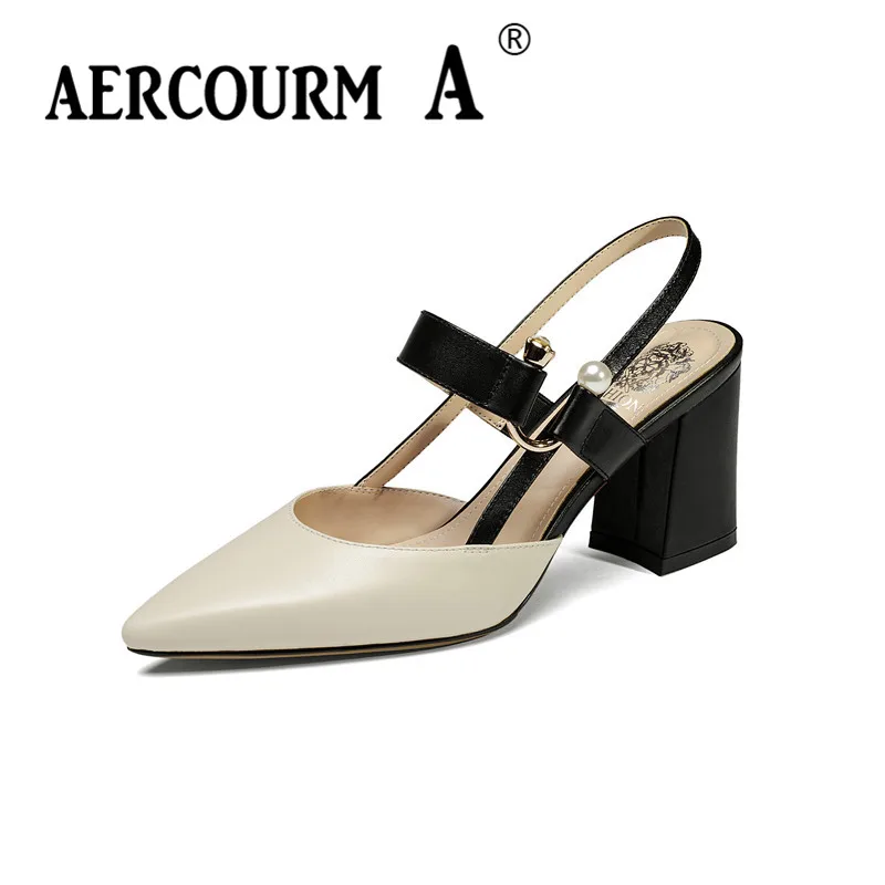 Aercourm A Women Mixed Colors Genuine Leather Sandals Square Heel Sandals Lady Buckle Strap Summer Shoes Girls Stripe Sandals