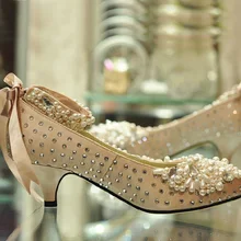 Spring 2 Inches Middle Heel Bowtie Bridesmaid Shoes Rhinestone Wedding Dress Shoes Evening Banquet Party Prom Pumps