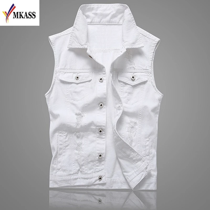 

MKASS Vintage Design Men's Denim Vest Male White Color Slim Fit Sleeveless Jackets Men Hole Jeans Brand Waistcoat Plus Size 5XL