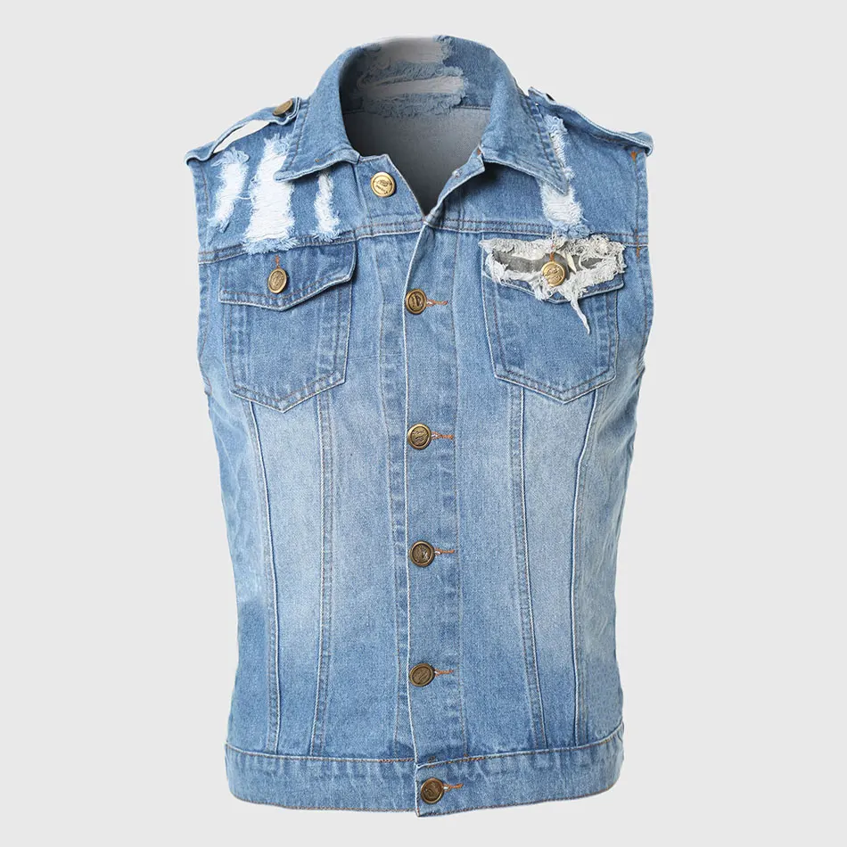Buy Men Destroyed Denim Vest Camo Sleeveless Jacket