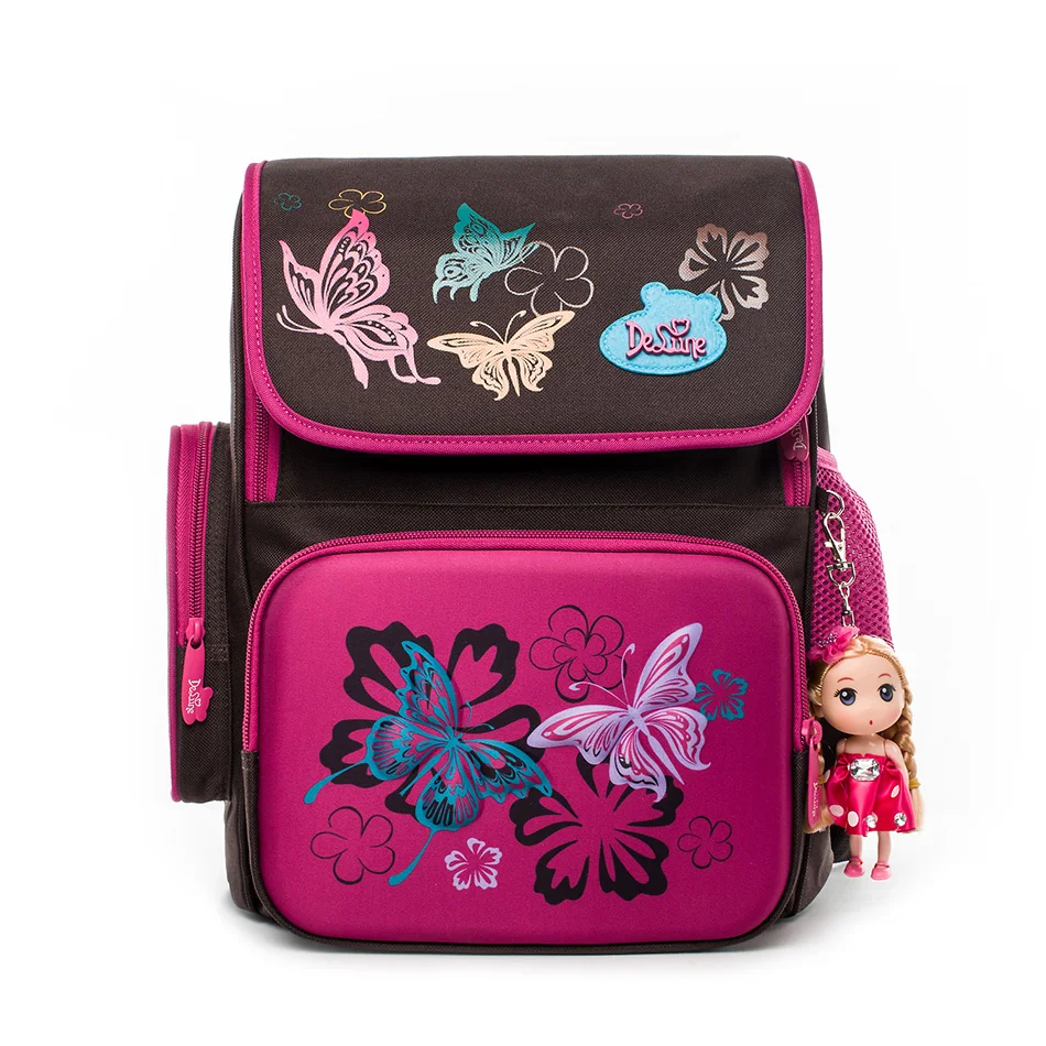 Delune школьные сумки для детей ортопедический Рюкзак Мультфильм Школьные сумки изображения бабочки и цветка Mochila Infantil класс 1-3