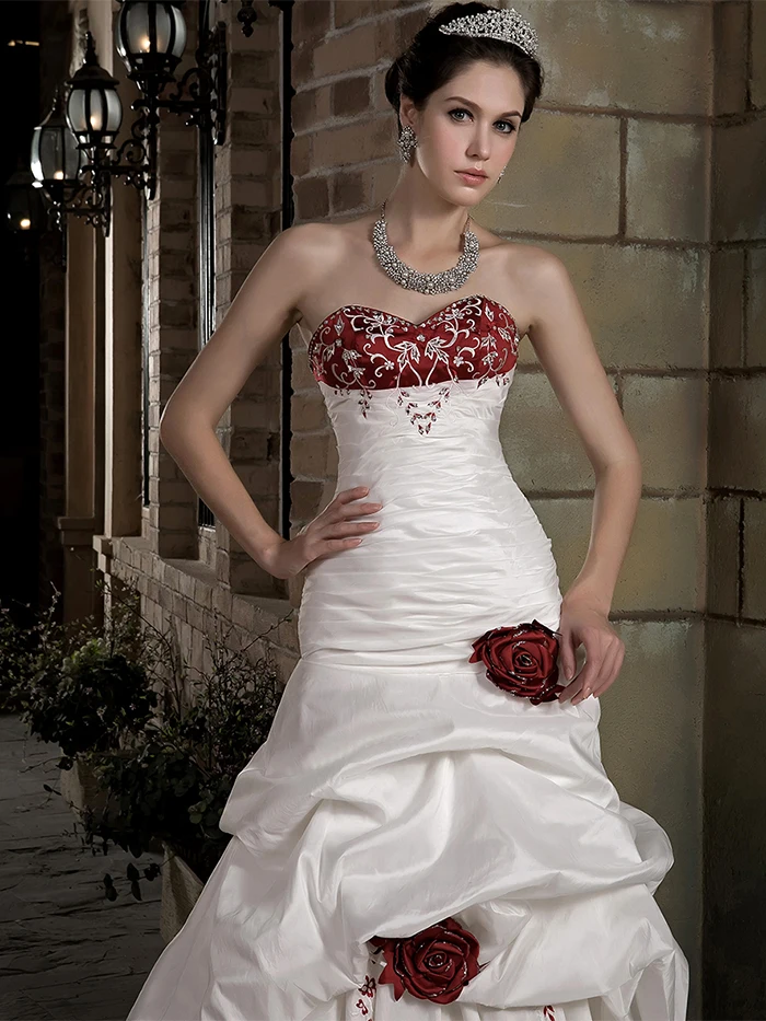 Винтажные белые и красные двухцветные 1950 s яркие свадебные платья с цветной вышивкой, зимние Сатиновые свадебные платья