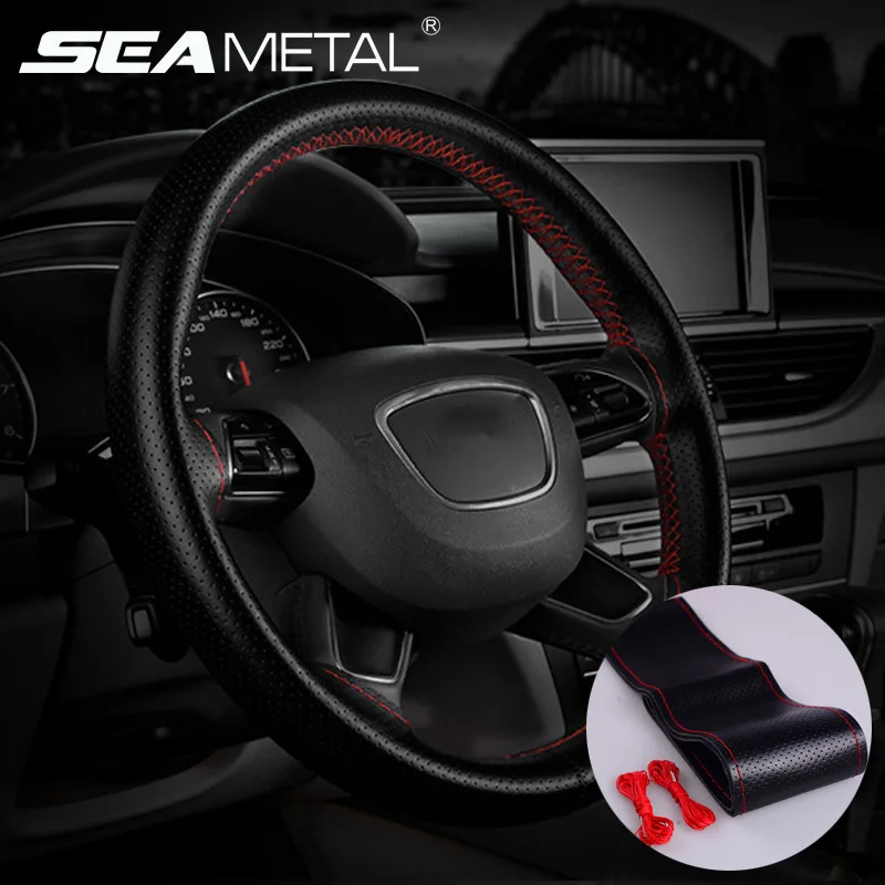 

37/38cm Leather Covers Car Steering Wheel Cover Hand Sewing Braid On The Steering-wheel With Needle And Thread Auto Accessories