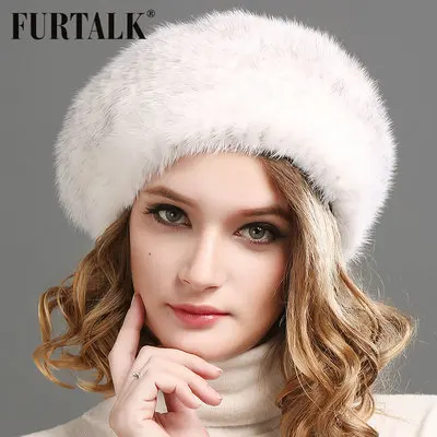 FURTALK, зимний меховой берет для женщин, теплый натуральный мех норки, шапка с помпоном для девушек, мягкая шапка бини для женщин, черный, красный цвет - Цвет: Белый