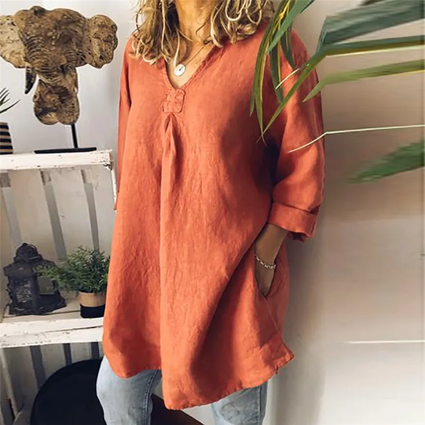 Femme Peplum Топ Blusas женский плюс размер длинный рукав хлопок лен v-образный вырез