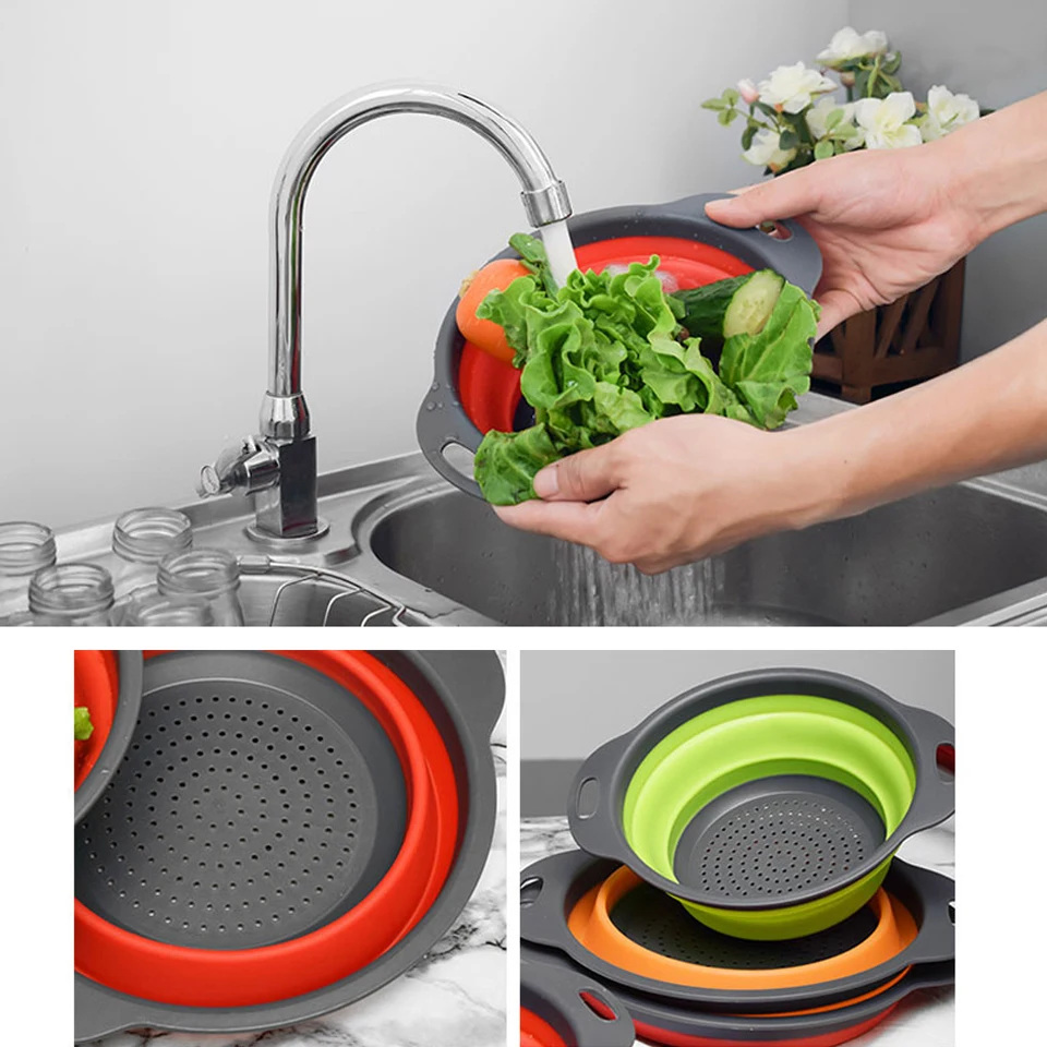 2pcs/set Foldable Silicone Colander Fruit Vegetable Washing Basket