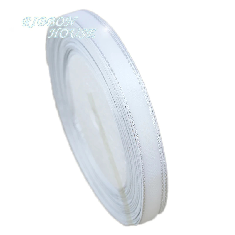 

(25 yards/lot) 10mm White Silver Edge Satin Ribbon wholesale high quality gift packaging ribbons
