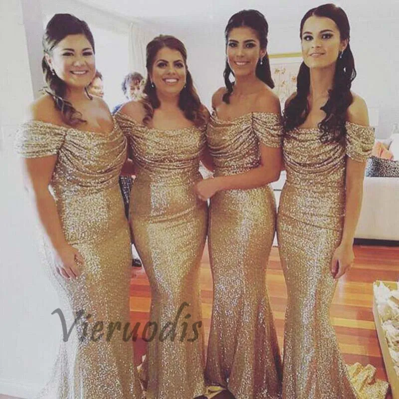 

Mermaid Bridesmaid Dresses 2019 Sexy Sequined Gold Formal Party Gowns Robe demoiselle d'honneur off Shoulder Party Gowns