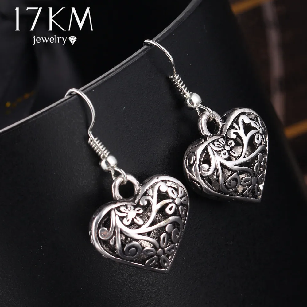 

17KM Tibetan Antique Silver Color Hollow Heart Drop Earring for Women Fashion boho Retro Vintage Flower Dangle Earring Bijoux