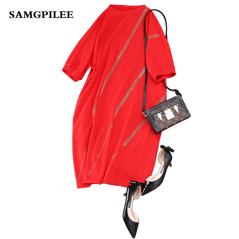 

2019 New Spring Casual A-line Solid Senior sense is thin bat short sleeve oblique strip hot drilling knit dress L-3XL