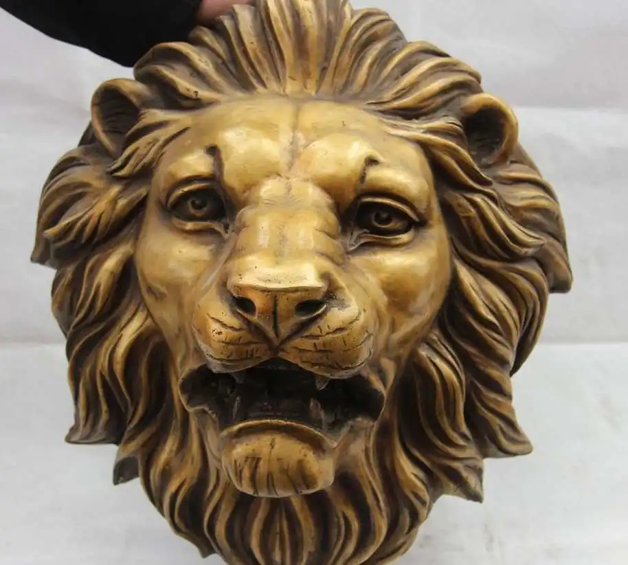 

China Bronze Copper Carved Animal Lucky Ferocious Foo Dog Lion King Head Statue
