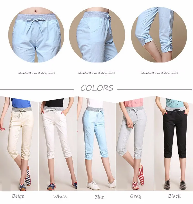 2016 HOT Linen Pants Summer Women Calf Length Harem Pants Casual Drawstring Elastic Waist Pants Plus Size Capris Trousers A164 I
