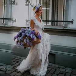 Легкий кремовый цвет с v-образным вырезом Свадебные платья длиной до пола Ruffly кружевные Богемские свадебные одежды Vestido de Noivas DW175