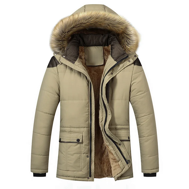 Куртка-парка с меховым воротником и капюшоном для мужчин, горячая Распродажа, теплая шерстяная подкладка, мужские куртки и пальто, брендовая одежда, ветрозащитные куртки для мужчин 5XL - Цвет: Khaki