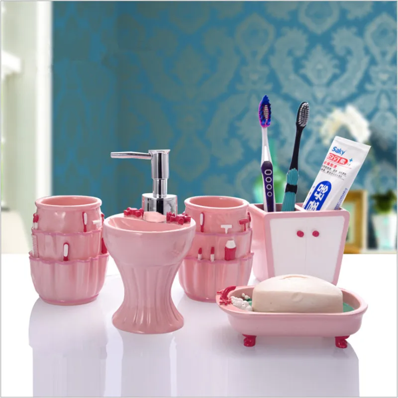 Compare Prices On Pink Bathroom Sets- Online Shopping/Buy Low New European 5-piece sets Bathroom Accessories Set Cartoon Pink Resin Hand Sanitizer Bottle With - Compare Prices On Pink Bathroom Sets- Online Shopping/Buy Low