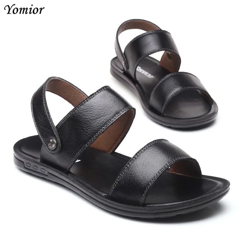 Yomior New Summer Slip-On Men Leather Shoes Genuine Leather Casual Travel Beach Flip Flops Breathable Sandals Slippers Black