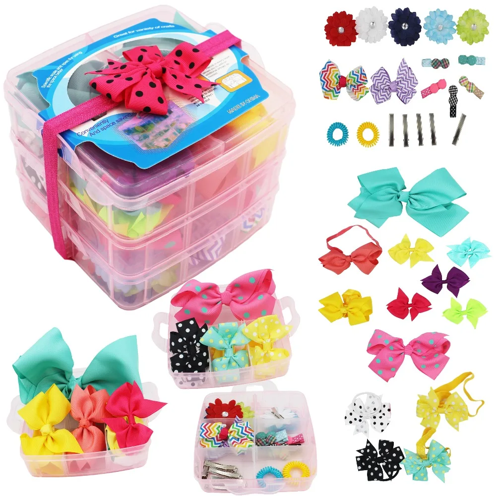 

3 Layer Girls Hair Accessories Gift Box with Lot of Hair clips elastic hair tie candy clips Hair Bows alligator clips