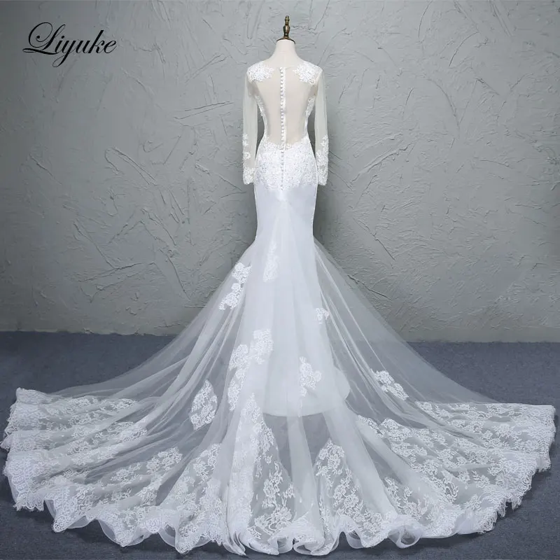 Liyuke блестящий атлас с круглым вырезом из бисера платье невесты съемный шлейф полный рукав свадебное платье-футляр Vestido De Noiva