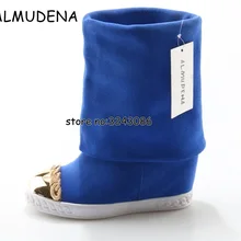 Женские высокие сапоги до колена на скрытой танкетке в уличном стиле; металлические золотые цепи; Модные женские замшевые сапоги без застежки