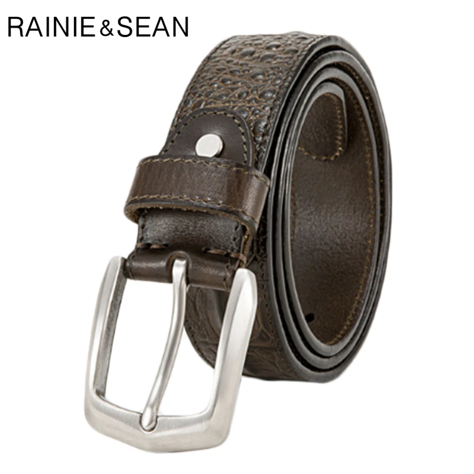 

RAINIE SEAN Men's Pin Belt Crocodile Leather Belt Male Italian Handmade Real Leather Army Green Casual Business Belts Trousers