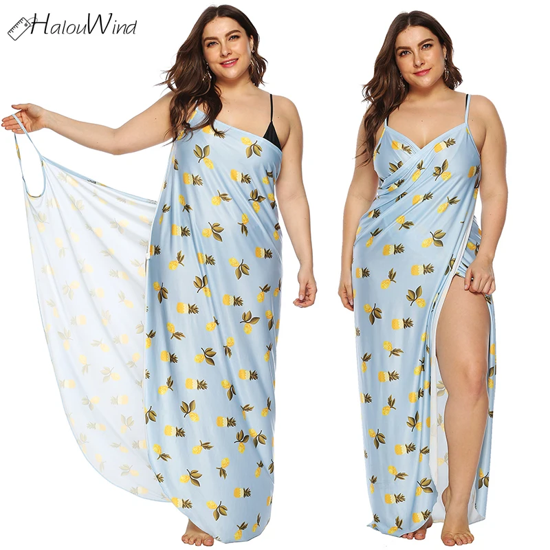 

Plus Size XL-5XL Women Blue Print Cover Dress Up Summer Beach Sunscreen Wrap Dress Backless Maxi Bikini Dress Swimwear Robe