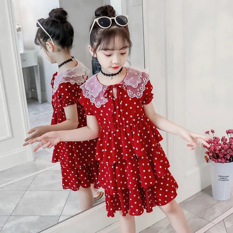 

Kids Dresses for Girls Clothes Red White Dot Chiffon Layered Girls Princess Dress Summer Kids Costume 6 8 10 12 Year