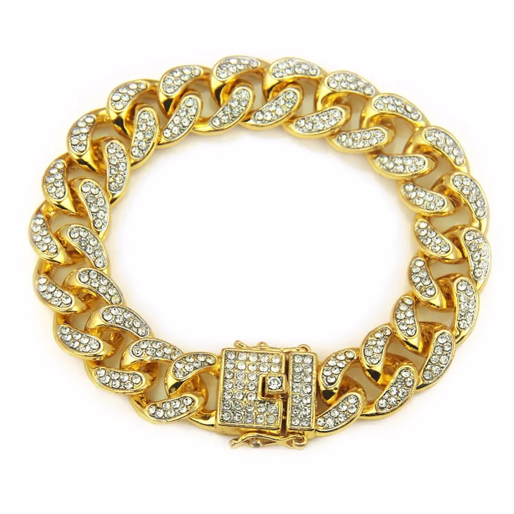 

1.4 mm Gold / Silver color Bling Full Rhinestone Cuban Link Chain Men's Hip hop Cuban Chain Bracelet Dropshipping