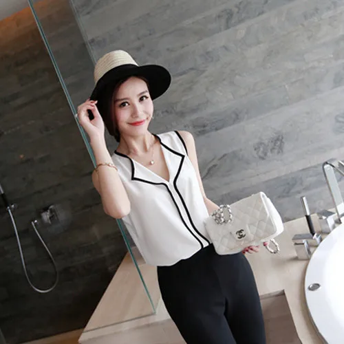 Летняя модная женская Повседневная белая шифоновая блузка с v-образным вырезом без рукавов с черной стороной, рабочая одежда, женские топы