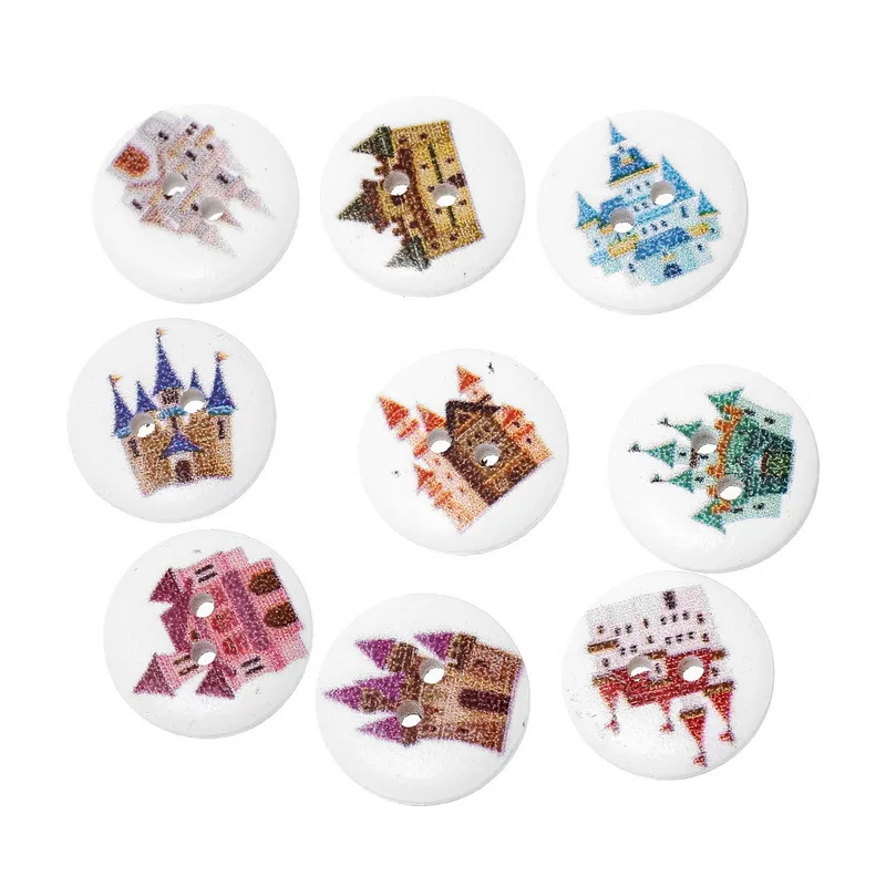 

100 pcs Wooden Buttons For Clothing Lovely Cartoon Castle Shaped Painted 2 Hole Buttons For Sweaters DIY Craft (Mixed Color)
