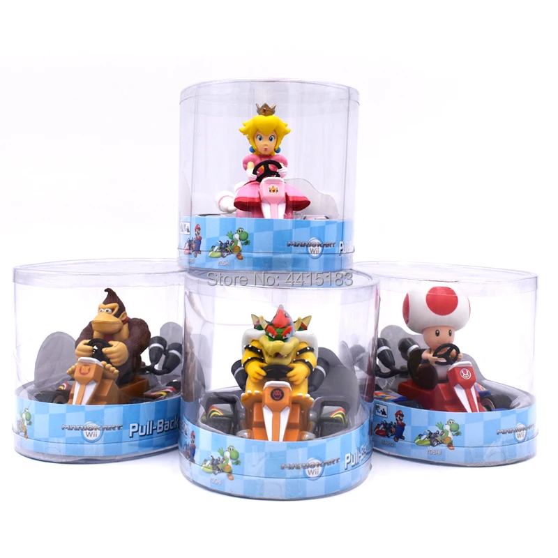 7 pcs/lot Anime Super Mario Bros Kart Pull Back Car Donkey Kong Peach  Toad  Luigi PVC Action Figure Doll Collectible Model Toy 