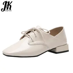 JK/2019 новые весенние туфли-лодочки на толстом низком каблуке, женская обувь на шнуровке с квадратным носком, обувь из искусственной кожи