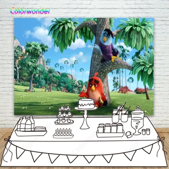 

Photography Background Purple Bird with Blue Head with Red Bird 7x5ft Blue Sky Green Tropical Jungle Scenery Backdrops for Kids