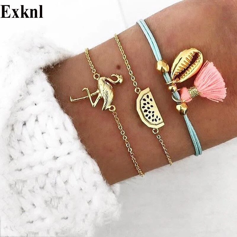 

Exknl 2019 Korean Fashion Tassel Starfish Conch Shell Bracelet Beach Charm Layered Flamingos Bracelet For Women Summer Jewelry