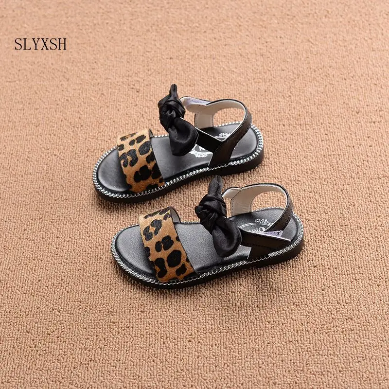 

SLYXSH 2018 summer new fashion bow princess girls shoes kids Leopard leather sandals children wedding shoes baby sandal