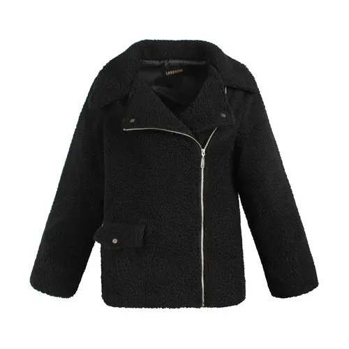 Женская одежда с длинным рукавом, пальто из искусственного меха с отворотом, зимняя куртка, Женская Повседневная Свободная Толстая теплая куртка из искусственного меха 0002 - Цвет: Черный