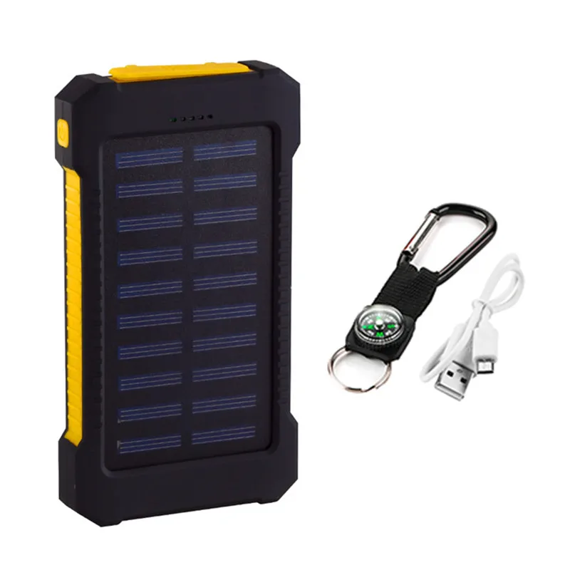 Портативный солнечный внешний аккумулятор, водонепроницаемый 10000 мАч, солнечная батарея, двойное USB зарядное устройство, внешний аккумулятор, зарядное устройство с компасом, светодиодный светильник - Цвет: Yellow